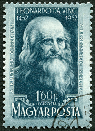 HUNGARY - CIRCA 1952: A stamp printed in Hungary shows  Leonardo di ser Piero da Vinci (1452-1519), 500th birth anniversary of Leonardo da Vinci,  circa 1952のeditorial素材