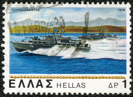 GREECE - CIRCA 1978: A stamp printed in Greece shows Torpedo boats, series New and Old Greek Naval Ships, circa 1978のeditorial素材