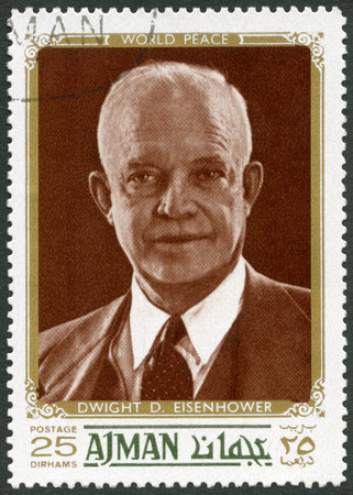 UAE - CIRCA 1970: A stamp printed in Ajman United Arab Emirates UAE shows Dwight D. Eisenhower, 34rd President (1890-1969), circa 1970のeditorial素材