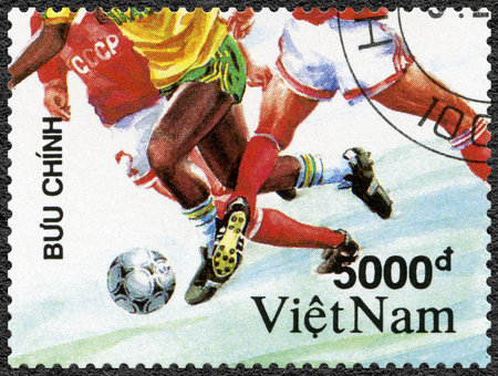 VIET NAM - CIRCA 1991: A stamp printed in Viet Nam shows Soccer, dedicated 1992 Summer Olympics Games, Barcelona, circa 1991のeditorial素材