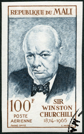 MALI - CIRCA 1965: A stamp printed in Republic of Mali shows Sir Winston Leonard Spencer Churchill (1874-1965), politician, circa 1965のeditorial素材