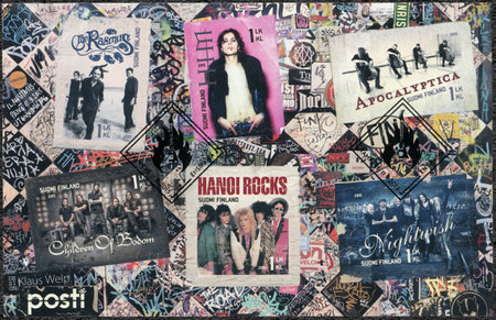FINLAND - CIRCA 2015: A stamp printed in Finland shows Six internationally successful Finnish rock...