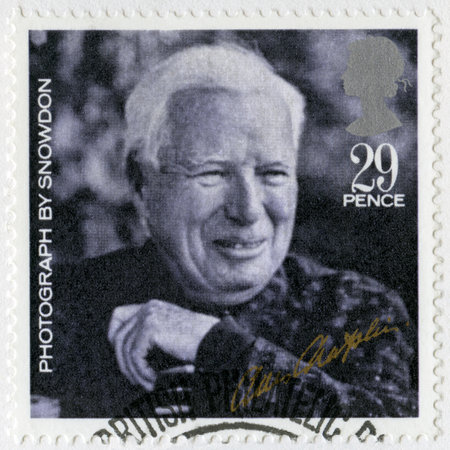 GREAT BRITAIN - CIRCA 1985: A stamp printed in Great Britain shows portrait of Charlie Chaplin...