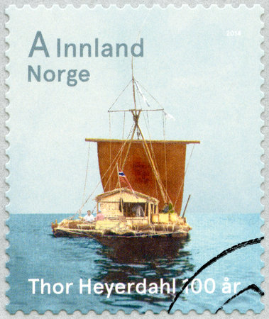 NORWAY - CIRCA 2014: A stamp printed in Norway shows raft Kon-Tiki, devoted Thor Heyerdahl (1914-2002), traveller, 100th Birth Anniversary, circa 2014のeditorial素材