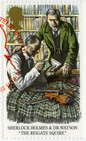 UNITED KINGDOM - CIRCA 1993: A stamp printed in United Kingdom shows Sherlock Holmes and Dr.Watson, The Reigate Squire, circa 1993のeditorial素材