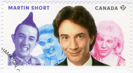 CANADA - CIRCA 2014: A stamp printed in Canada shows Martin Hayter Short (born 1950), actor, series Great Canadian Comedians, circa 2014のeditorial素材