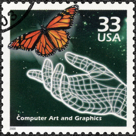 UNITED STATES OF AMERICA - CIRCA 2000: A stamp printed in USA shows Hand and butterfly, computer generated art, series Celebrate the Century, 1990s, circa 2000のeditorial素材