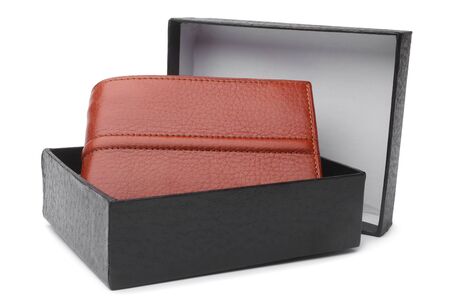 Brown natural leather wallet in black box on white backgroundの写真素材