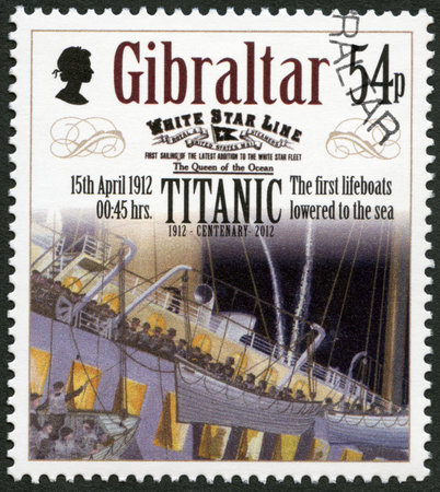 GIBRALTAR - CIRCA 2012: A stamp printed in Gibraltar shows The first lifeboats lowered to the sea, 15th april 1912, series Titanic Centenary 1912-2012, circa 2012のeditorial素材