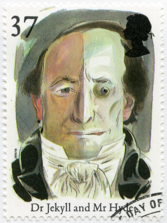 UNITED KINGDOM - CIRCA 1997: A stamp printed in United Kingdom shows Dr. Jekyll and Mr. Hyde, series Stories and Legends, circa 1997のeditorial素材