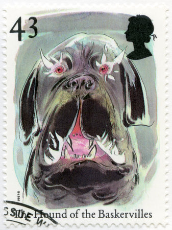 UNITED KINGDOM - CIRCA 1997: A stamp printed in United Kingdom shows The Hound of The Baskerviules, series Stories and Legends, circa 1997のeditorial素材