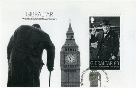 GIBRALTAR - CIRCA 2015: A stamp printed in Gibraltar shows Sir Winston Spencer Churchill (1874-1965), 50th anniversary, politician, circa 2015のeditorial素材