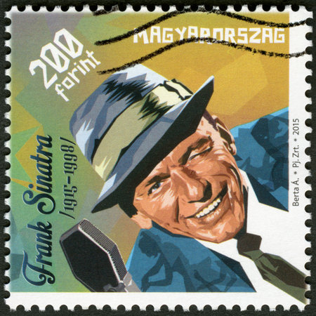 HUNGARY - CIRCA 2015: A stamp printed in Hungary shows Francis Albert Frank Sinatra (1915-1998), American singer, actor, and producer, circa 2015のeditorial素材