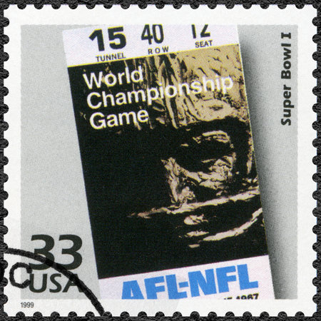 UNITED STATES OF AMERICA - CIRCA 1999: A stamp printed in USA shows Super Bowl I, series Celebrate...
