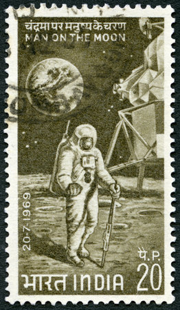 INDIA - CIRCA 1969: A stamp printed in India shows Astronaut on Moon, circa 1969のeditorial素材
