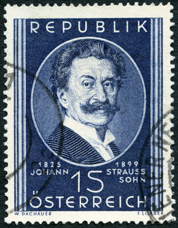 AUSTRIA - CIRCA 1949: A stamp printed in Austria shows Johann Strauss Jr. (1825-1899), composer, circa 1949のeditorial素材
