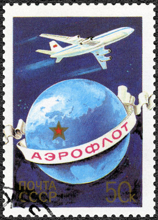 USSR - CIRCA 1983: A stamp printed in USSR dedicated 60th Anniversary of Aeroflot Airlines, circa 1983のeditorial素材