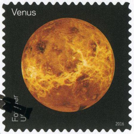 UNITED STATES OF AMERICA - CIRCA 2016: A stamp printed in USA shows The Venus, series Views of Our Planets, circa 2016のeditorial素材