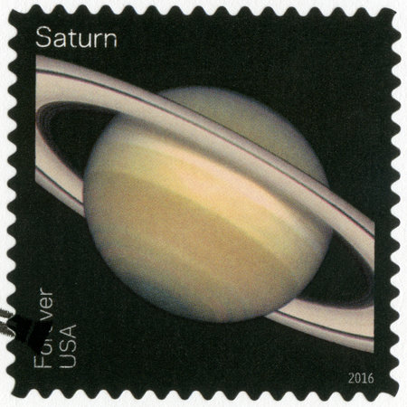 UNITED STATES OF AMERICA - CIRCA 2016: A stamp printed in USA shows The Saturn, series Views of Our Planets, circa 2016のeditorial素材