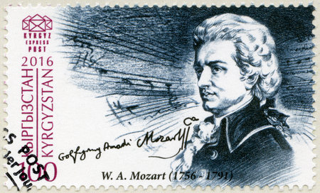 KYRGYZSTAN - CIRCA 2016: A stamp printed in Kyrgyzstan shows Wolfgang Amadeus Mozart (1756-1791), composer, circa 2016のeditorial素材