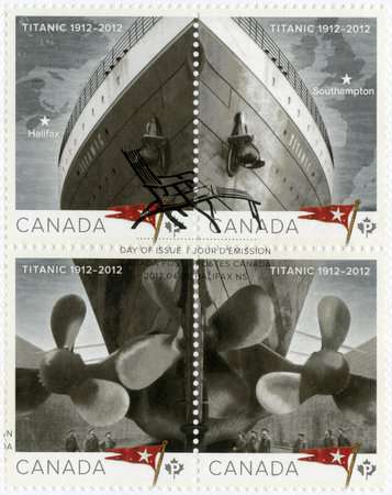 CANADA - CIRCA 2012: A stamp printed in Canada shows Titanic, White Star Line, Titanic Centenary 1912-2012, circa 2012のeditorial素材