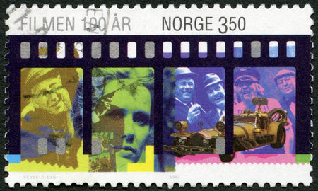 NORWAY - CIRCA 1996: A stamp printed in Norway shows Leif Juster, Sean Connery, Liv Ullmann, The Olsen Gang Films, II Temp Gigante, Century Motion Pictures, circa 1996のeditorial素材