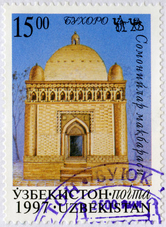 UZBEKISTAN - CIRCA 1997: A stamp printed in Uzbekistan shows Tomb shrine of Ismail Samani, The Samanid mausoleum, in Bukhara, Sites on Silk Road, circa 1997のeditorial素材