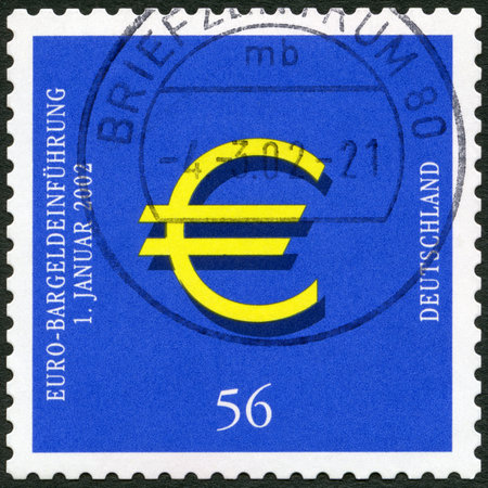 GEMANY - CIRCA 2002: A stamp printed in Germany devoded Introduction of the Euro, circa 2002のeditorial素材