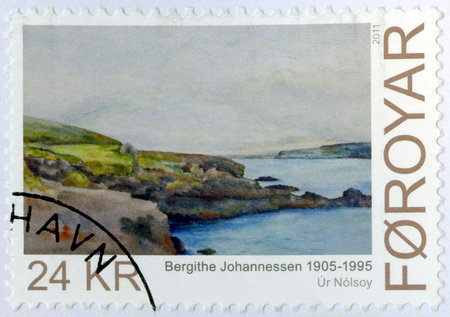 FAROE ISLANDS - CIRCA 2011: A stamp printed in Faroe Islands shows Art, Bergithe Christine Johannessen (1905-1995), watercolour painter from Vestmanna, series Nordic contemporary art, circa 2011のeditorial素材