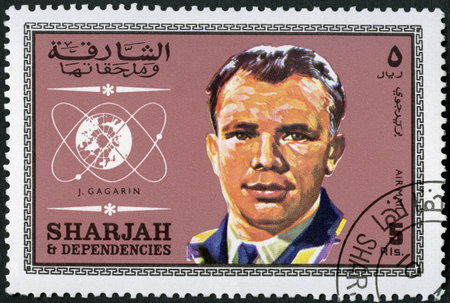 UAE - CIRCA 1961: A stamp printed in Sharjah United Arab Emirates UAE shows Yuri Gagarin (1934-1968), Pilot, 1st man in space, circa 1961のeditorial素材