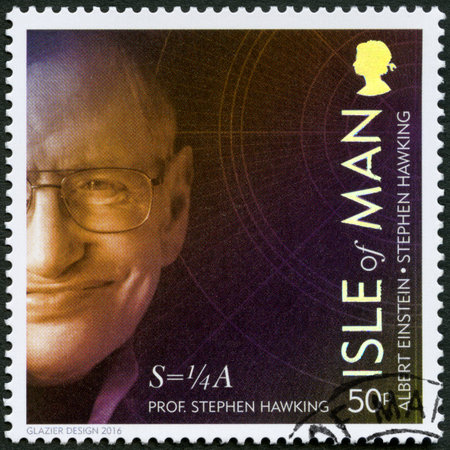 ISLE OF MAN - CIRCA 2016: A stamp printed in isle of Man shows Stephen William Hawking (born 1942), physicist, 100 Years of General Relativity, circa 2016のeditorial素材