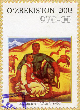UZBEKISTAN - CIRCA 2003: A stamp printed in Uzbekistan shows Baxt, Happiness, by Ayitbayev, series Paintings, circa 2003のeditorial素材