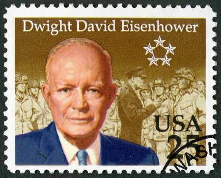 UNITED STATES OF AMERICA - CIRCA 1990: A stamp printed in USA shows Dwight David Eisenhower (1890-1969), circa 1990のeditorial素材