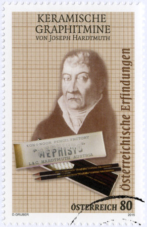 AUSTRIA - CIRCA 2015: A stamp printed in Austria shows von Joseph Hardtmuth (1758-1816), architect, inventor and entrepreneur, circa 2015のeditorial素材