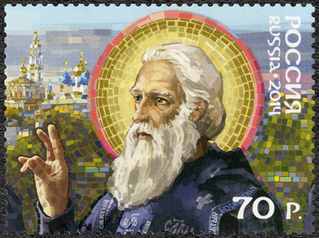 RUSSIA - CIRCA 2014: A stamp printed in Russia shows Venerable Sergius of Radonezh (1314-1392), 700th Birth Anniversary, series the history of the church, circa 2014のeditorial素材
