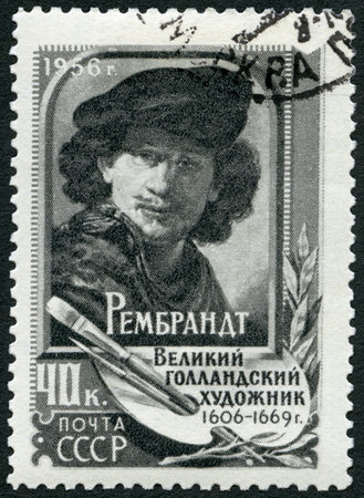 USSR - CIRCA 1956: A stamp printed in USSR shows Rembrandt (1606-1669), painter, circa 1956のeditorial素材