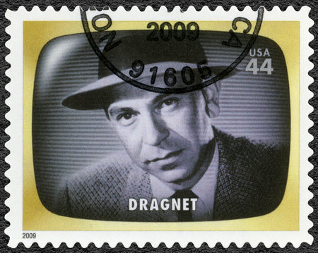 UNITED STATES OF AMERICA - CIRCA 2009: A stamp printed in USA shows Dragnet, detectiv, Early TV Memory, circa 2009のeditorial素材