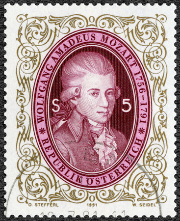 AUSTRIA - CIRCA 1991: A stamp printed in Austria shows Wolfgang Amadeus Mozart (1756-1791),...