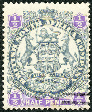 BRITISH CENTRAL AFRICA - CIRCA 1893: A stamp printed in British Central Africa shows symbol of British South Africa company, circa 1893のeditorial素材