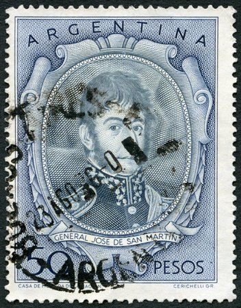 ARGENTINA - CIRCA 1954: A stamp printed in Argentina shows Jose Francisco de San Martin y Matorras (1778-1850), circa 1954のeditorial素材