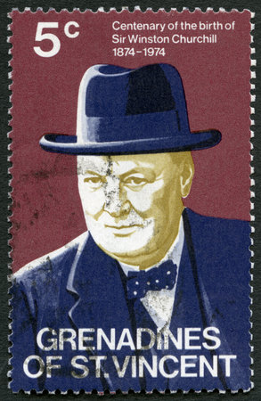 GRENADINES OF SAINT VINCENT - CIRCA 1974: A stamp printed in Saint Vincent and the Grenadines shows Sir Winston Spencer Churchill (1874-1965), statesman, Prime Minister, Centenary of the birth, circa 1974のeditorial素材