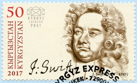 KYRGYZSTAN - CIRCA 2017: A stamp printed in Kyrgyzstan shows Jonathan Swift (1667-1745), author,...