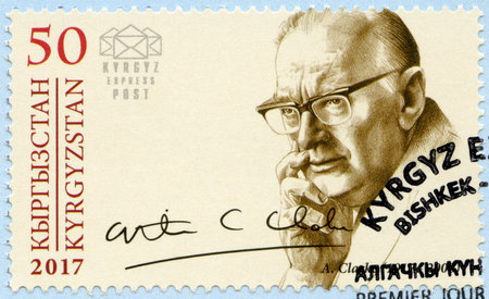 KYRGYZSTAN - CIRCA 2017: A stamp printed in Kyrgyzstan shows Sir Arthur Charles Clarke (1917-2008), science fiction writer, series Eminent personalities, circa 2017のeditorial素材