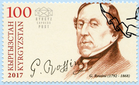 KYRGYZSTAN - CIRCA 2017: A stamp printed in Kyrgyzstan shows Gioachino Antonio Rossini (1792-1868),...