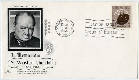 CANADA - CIRCA 1965: A stamp printed in Canada shows Sir Winston Spencer Churchill (1874-1965), politician, circa 1965のeditorial素材