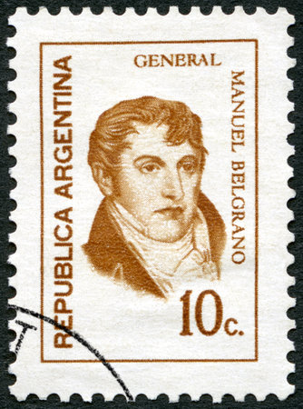 ARGENTINA - CIRCA 1970: A stamp printed in Argentina shows Manuel Belgrano (1770-1820), general, politician, circa 1970のeditorial素材