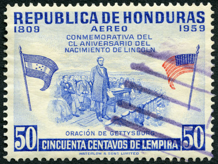 HONDURAS - CIRCA 1959: A stamp printed in Republic of Honduras shows President of USA Abraham Lincoln (1809-1865), Gettysburg Address, series Birth sesquicentennial of Abraham Lincoln, circa 1959のeditorial素材