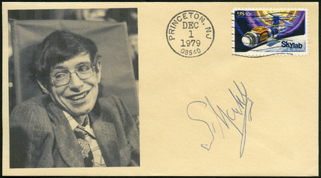 UNITED STATES OF AMERICA - CIRCA 1974: A stamp printed in USA shows SkyLab and  Stephen William Hawking (1942-2018), physicist, 1st anniversary of the launching of Skylab and to honor all who participated in the Skylab projects, circa 1974のeditorial素材