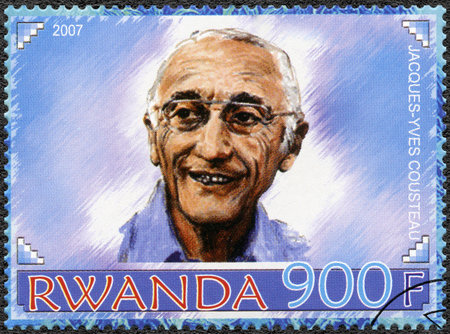 RWANDA - CIRCA 2007: A stamp printed in Republic of Rwanda shows Jacques Yves Cousteau (1910-1997), circa 2007のeditorial素材