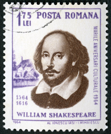 ROMANIA - CIRCA 1964: A stamp printed in Romania shows William Shakespeare (1564-1616), 400th birth anniversary, circa 1964のeditorial素材